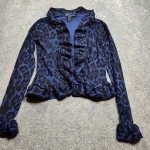 INC Cardigan Sweater Womens S Leopard Print Ruffle Trim Glam Y2K Animal Casual